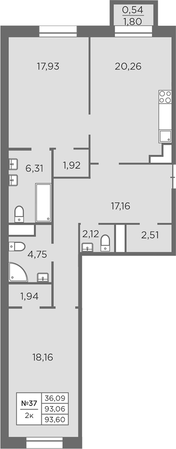2-комнатная квартира 93.6 м², 4/7 эт., ЖК «Северная Корона»